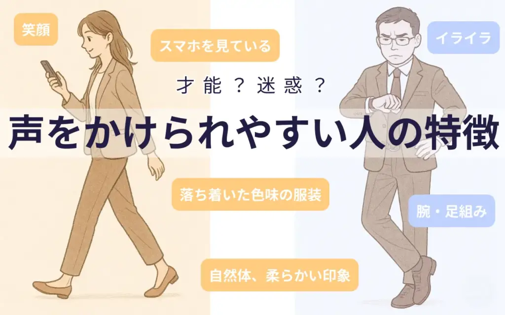 声をかけられやすい人の特徴（笑顔、スマホを見ている、落ち着いた色味の服装、自然体）（逆は）イライラ、腕・足組