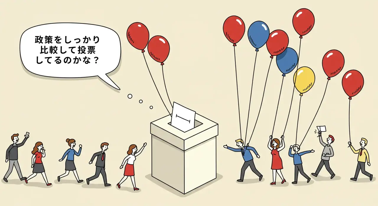投票箱が「政策をしっかり比較して投票してるかな？」と考えている挿絵